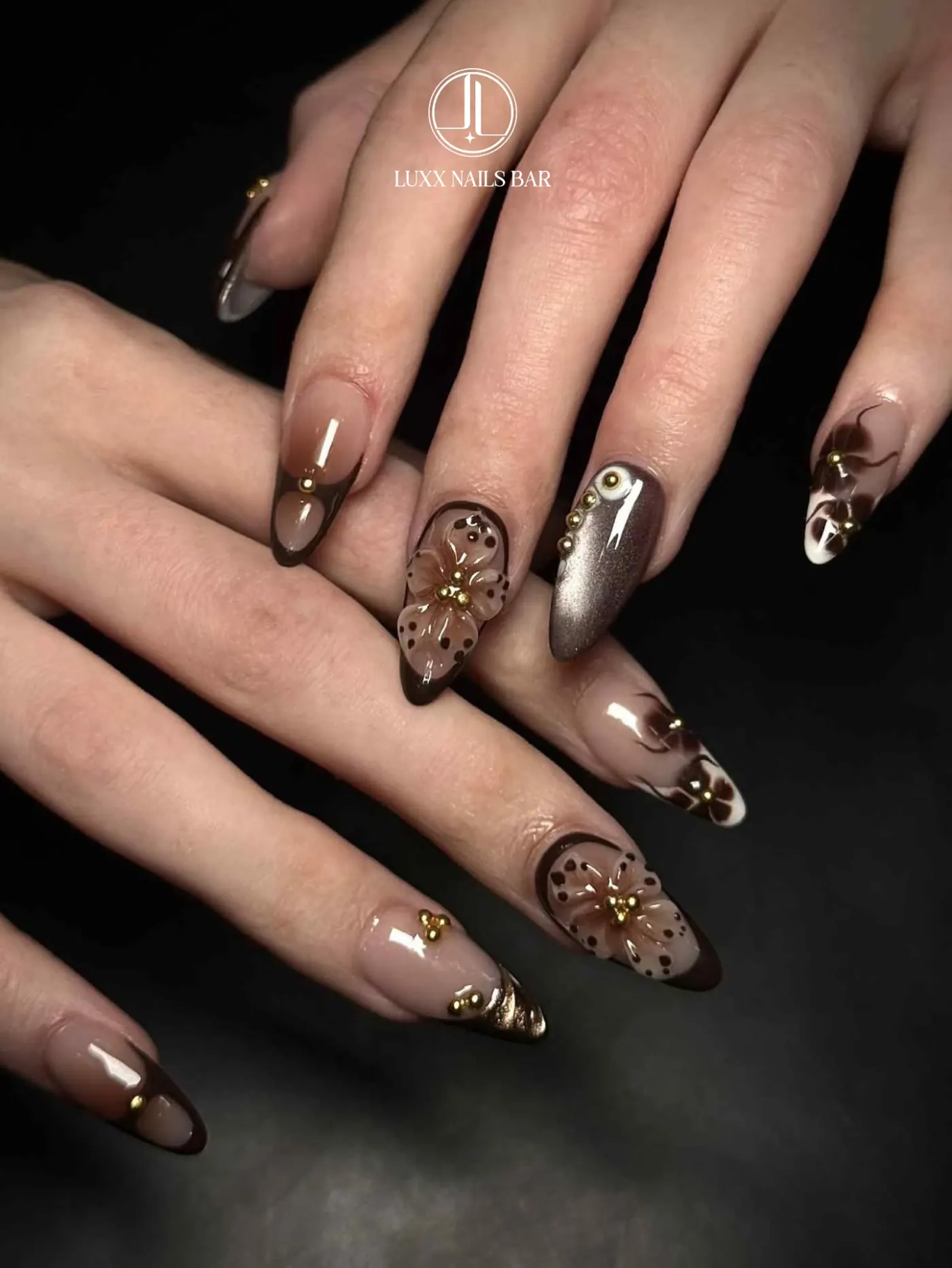 Mocha Florals — nail art at Luxx Nail Bar Georgetown TX 78633